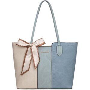 Women Beige With Blue Imported Vegan Leather Medium Top Handle Satchel Tote Bags